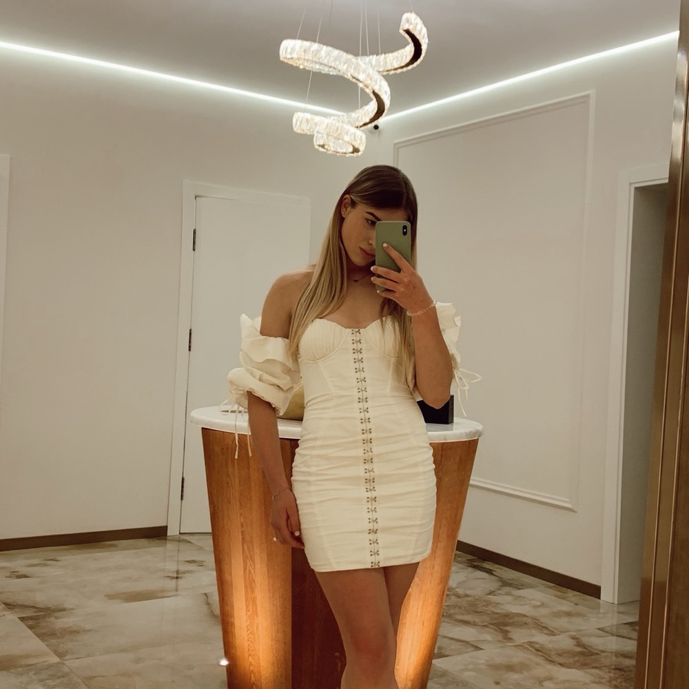 Oh Polly Off-Shoulder Cream Mini Dress